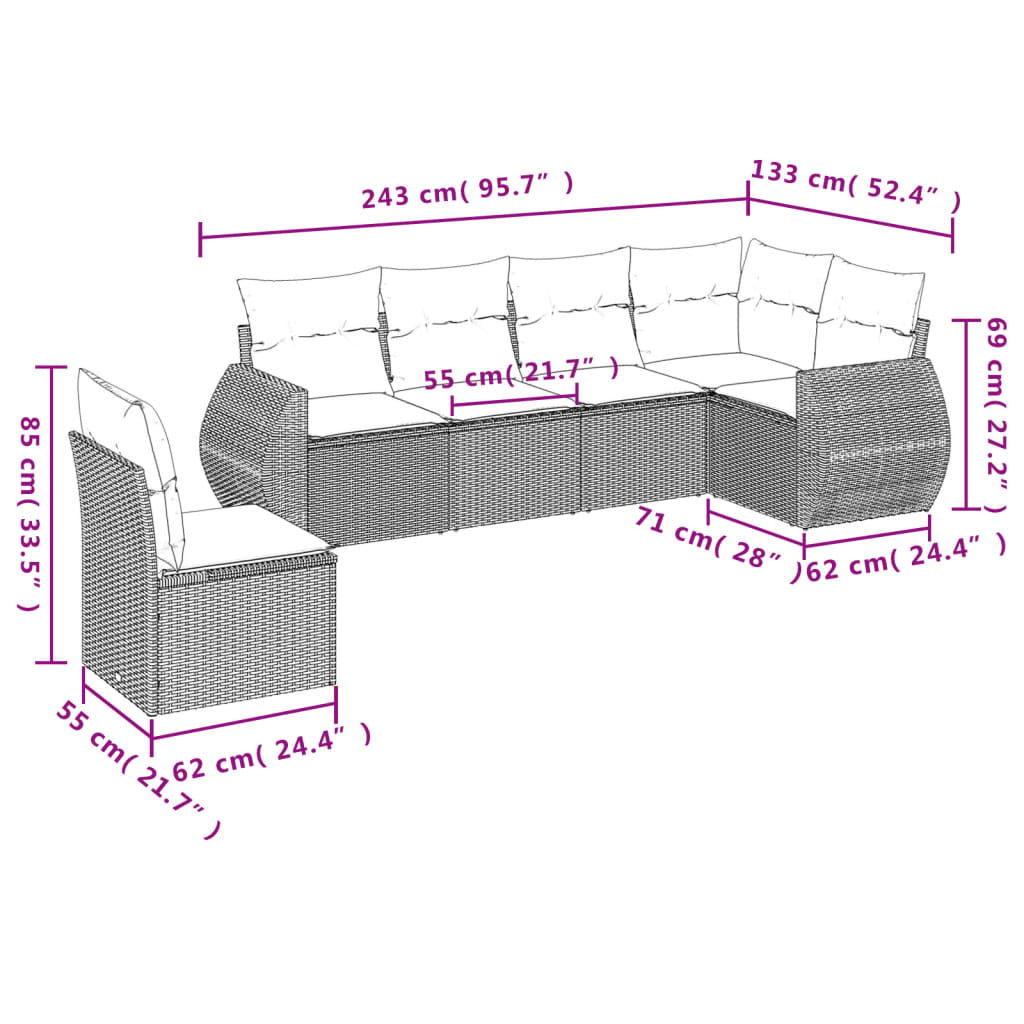 Ensemble de canapé de jardin 6 pcs avec coussins marron résine tressée