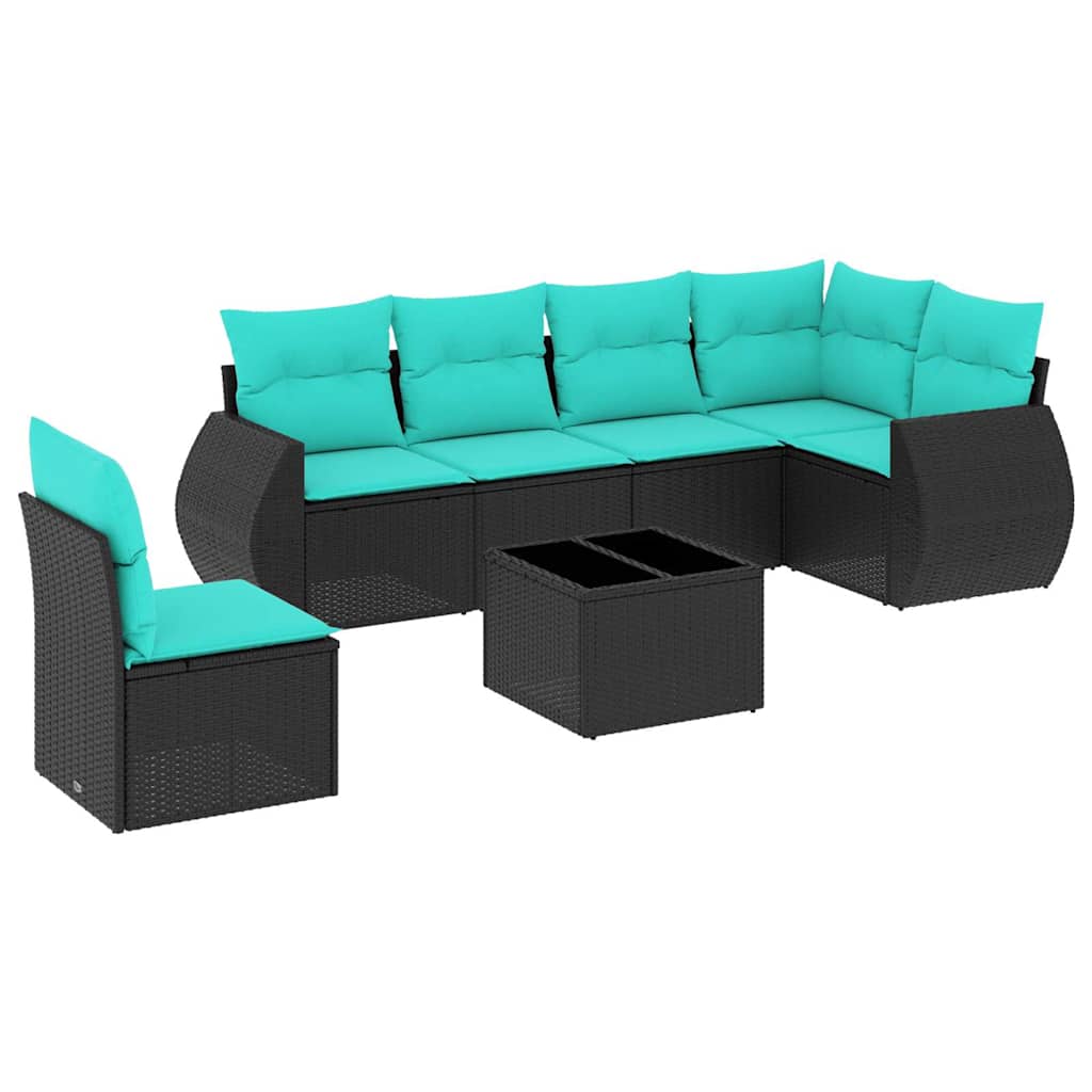 Ensemble de canapé de jardin 7 pcs avec coussins noir résine tressée