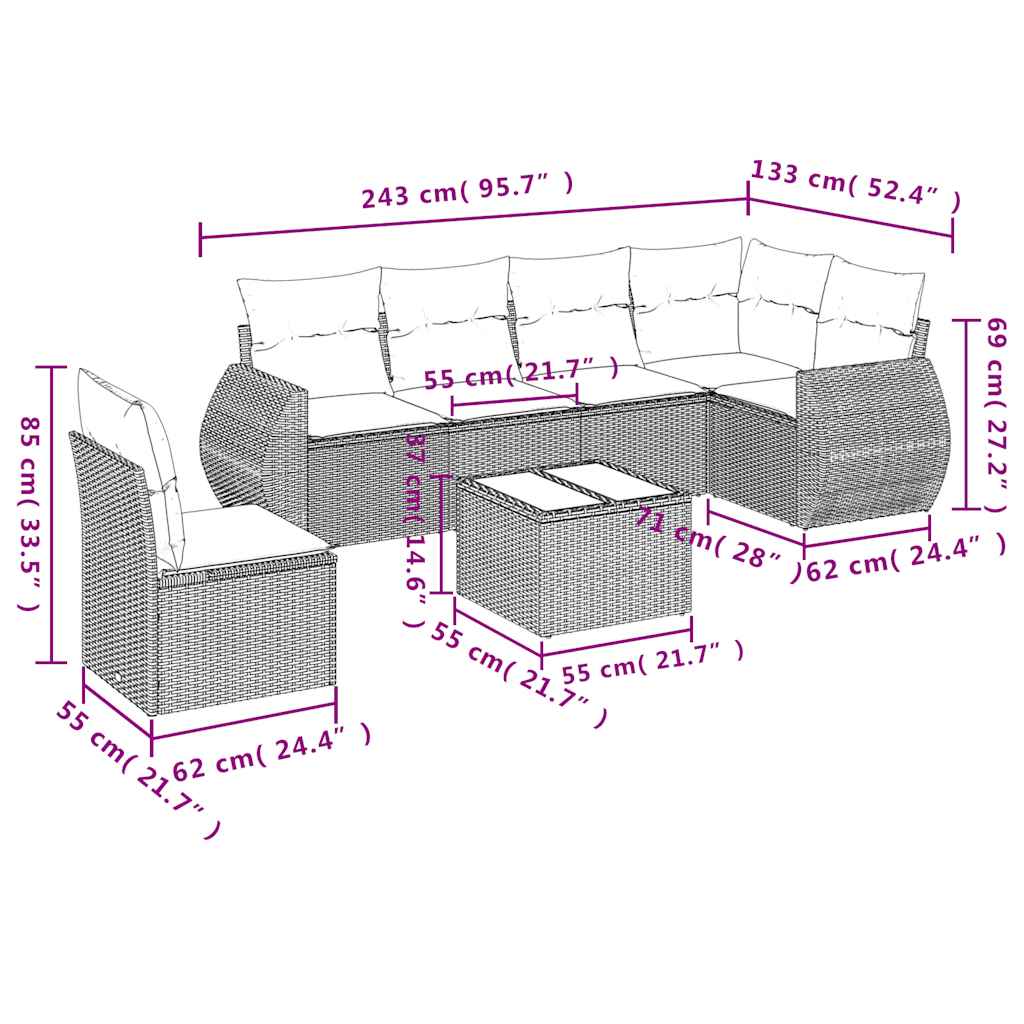 Ensemble de canapé de jardin 7 pcs avec coussins noir résine tressée
