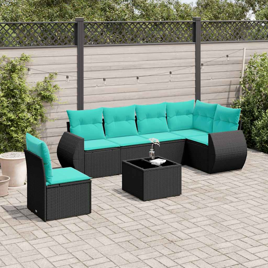 Ensemble de canapé de jardin 7 pcs avec coussins noir résine tressée