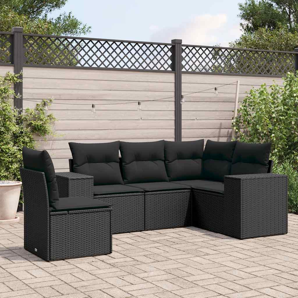 Salon de jardin 5 pcs avec coussins noir résine tressée