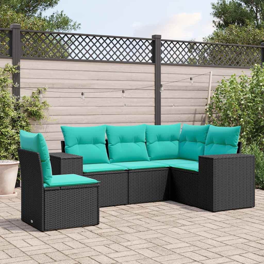 Salon de jardin 5 pcs avec coussins noir résine tressée