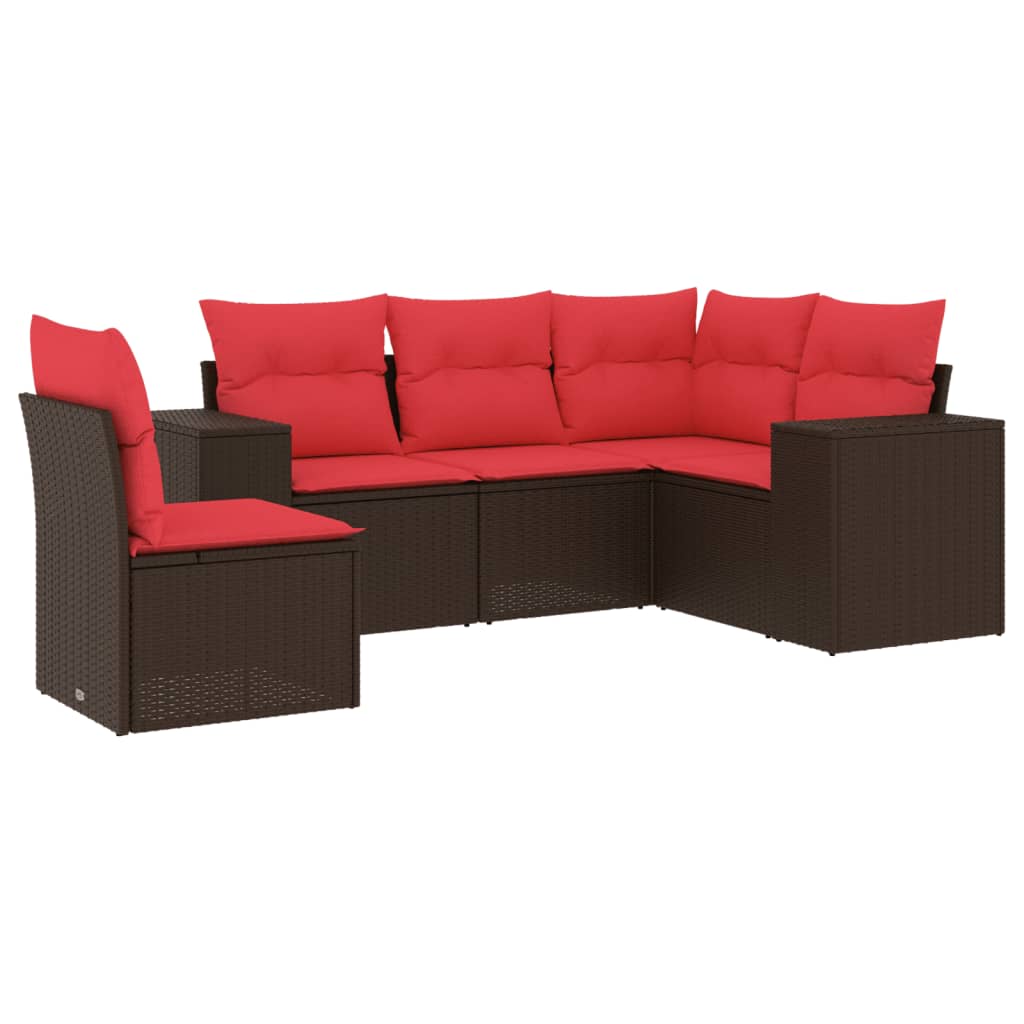 Ensemble de canapé de jardin 5 pcs avec coussins marron résine tressée