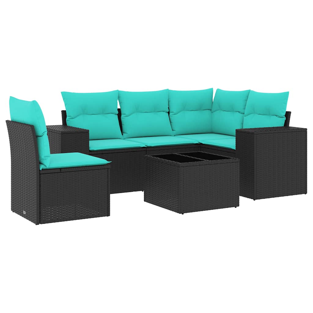 Ensemble de canapé de jardin 6 pcs avec coussins noir résine tressée