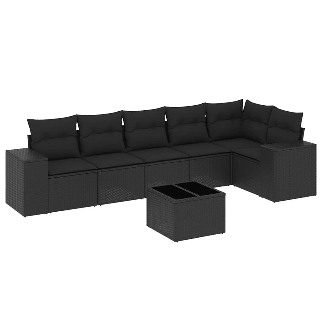 Salon de jardin 7 pcs avec coussins noir résine tressée