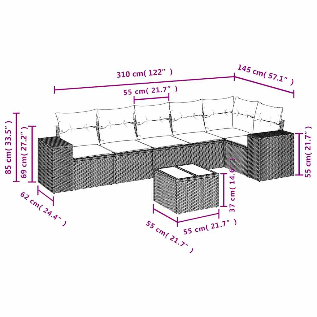 Salon de jardin 7 pcs avec coussins noir résine tressée
