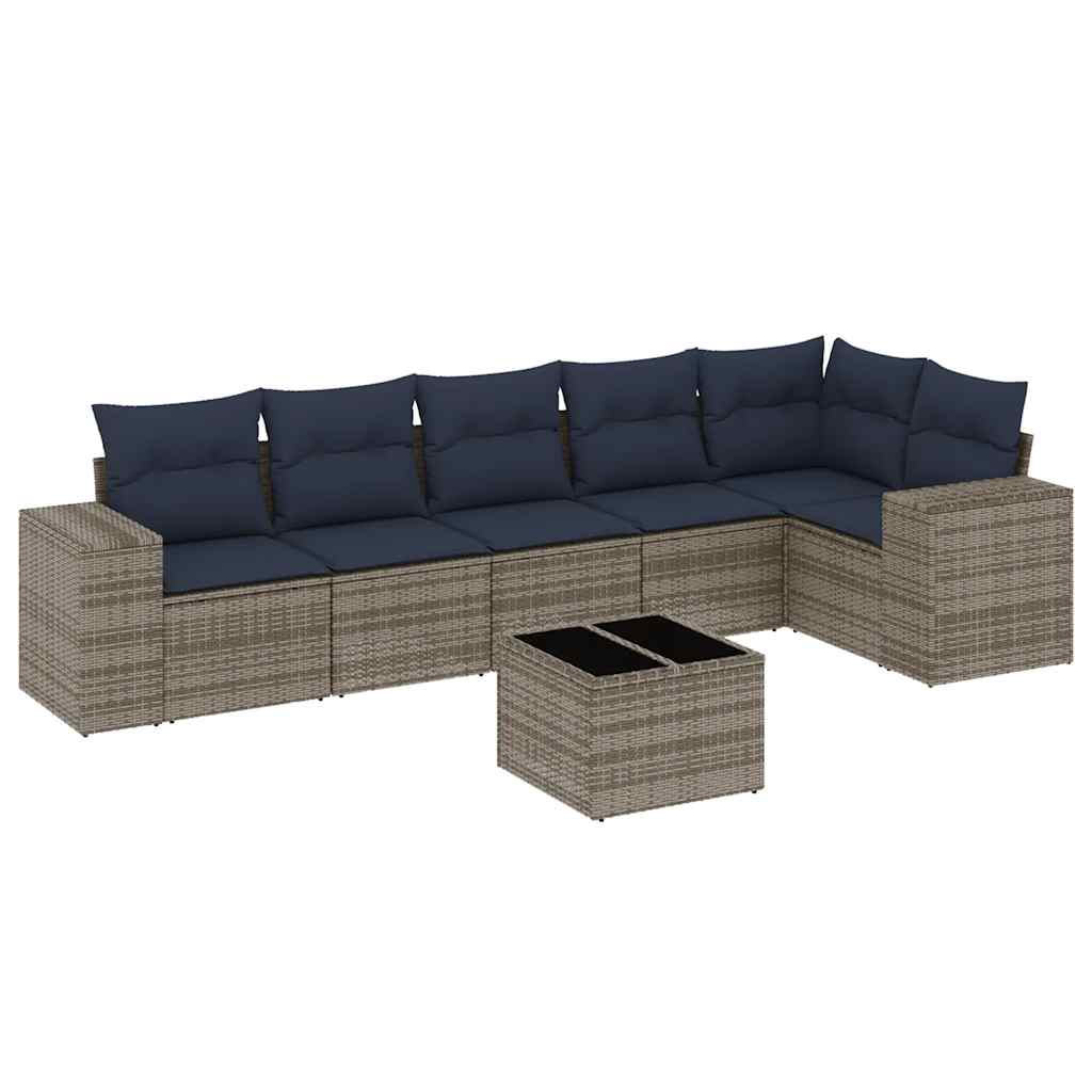 Ensemble de canapé de jardin 7 pcs avec coussins gris résine tressée