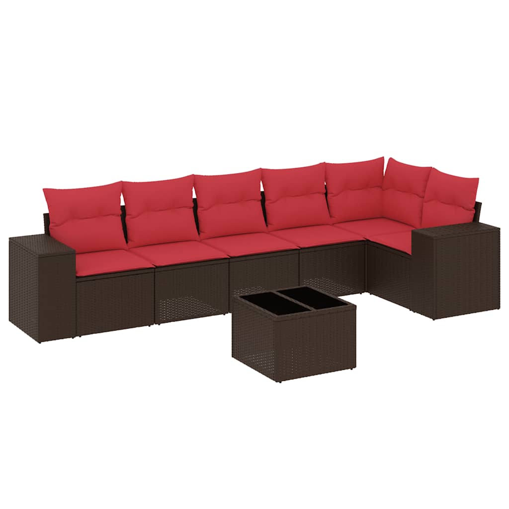 Ensemble de canapé de jardin 7 pcs avec coussins marron résine tressée