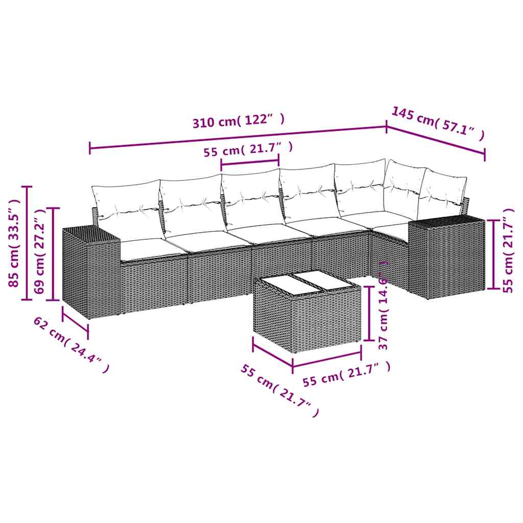 Ensemble de canapé de jardin 7 pcs avec coussins marron résine tressée
