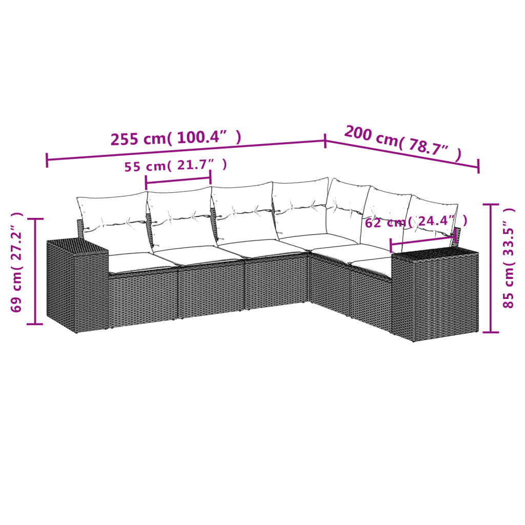 Ensemble de canapé de jardin 6 pcs avec coussins gris résine tressée