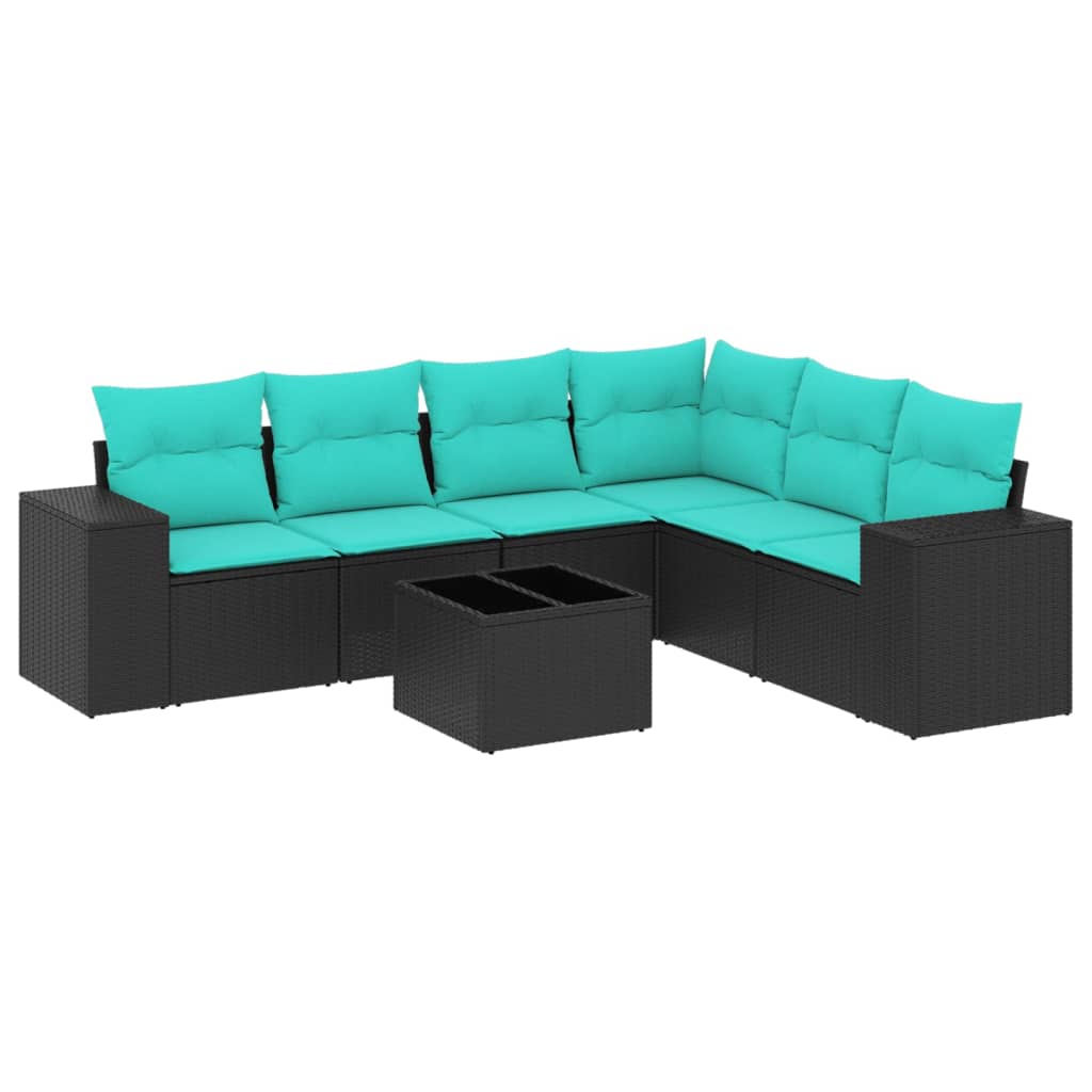 Ensemble de canapé de jardin 7 pcs avec coussins noir résine tressée
