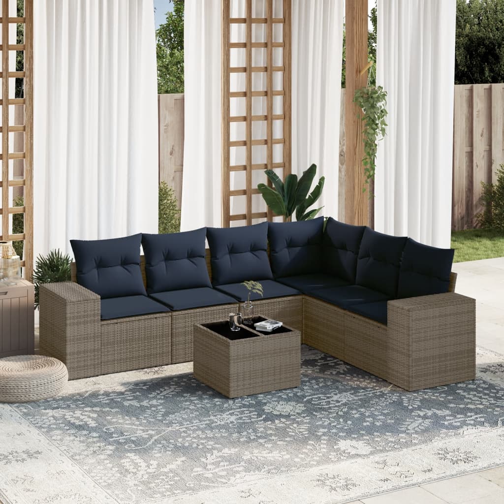 Ensemble de canapé de jardin 7 pcs avec coussins gris résine tressée