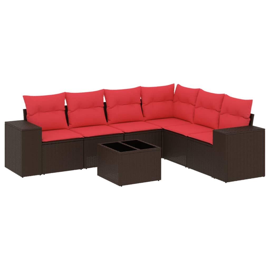 Ensemble de canapé de jardin 7 pcs avec coussins marron résine tressée