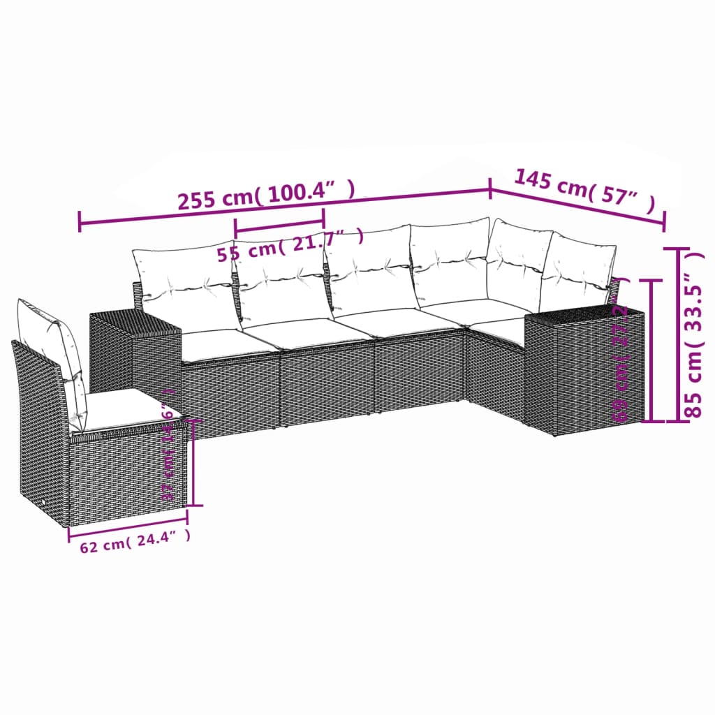 Salon de jardin avec coussins 6 pcs marron résine tressée