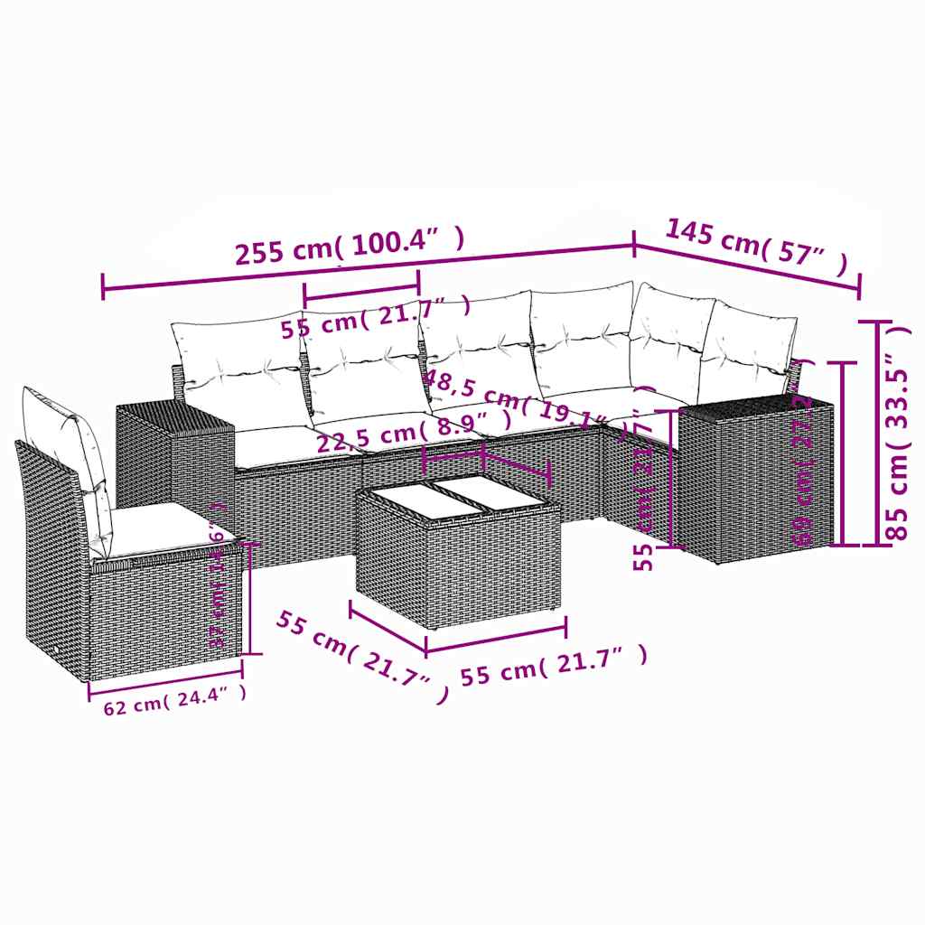 Ensemble de canapé de jardin 7 pcs avec coussins noir résine tressée