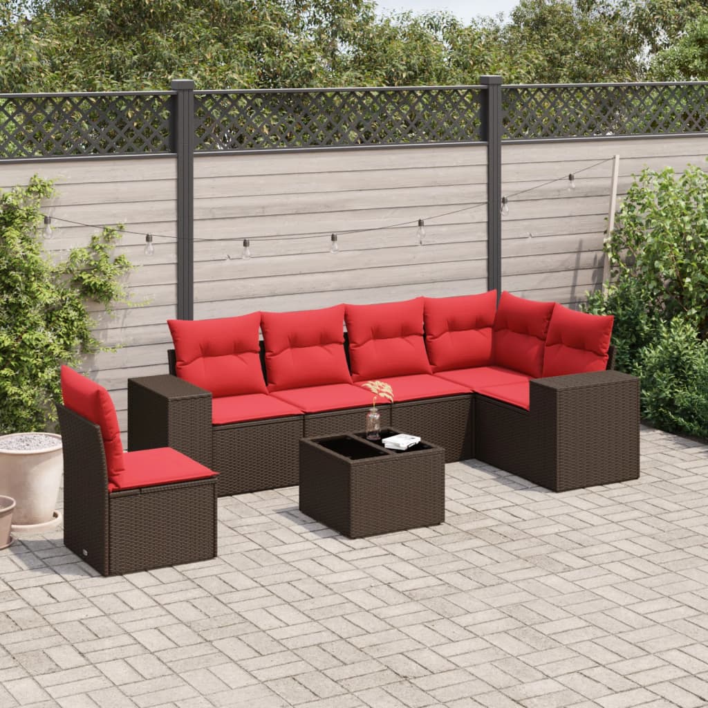 Ensemble de canapé de jardin 7 pcs avec coussins marron résine tressée