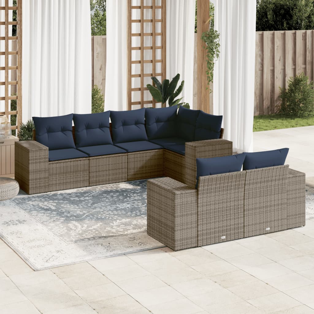 Ensemble de canapé de jardin 7 pcs avec coussins gris résine tressée