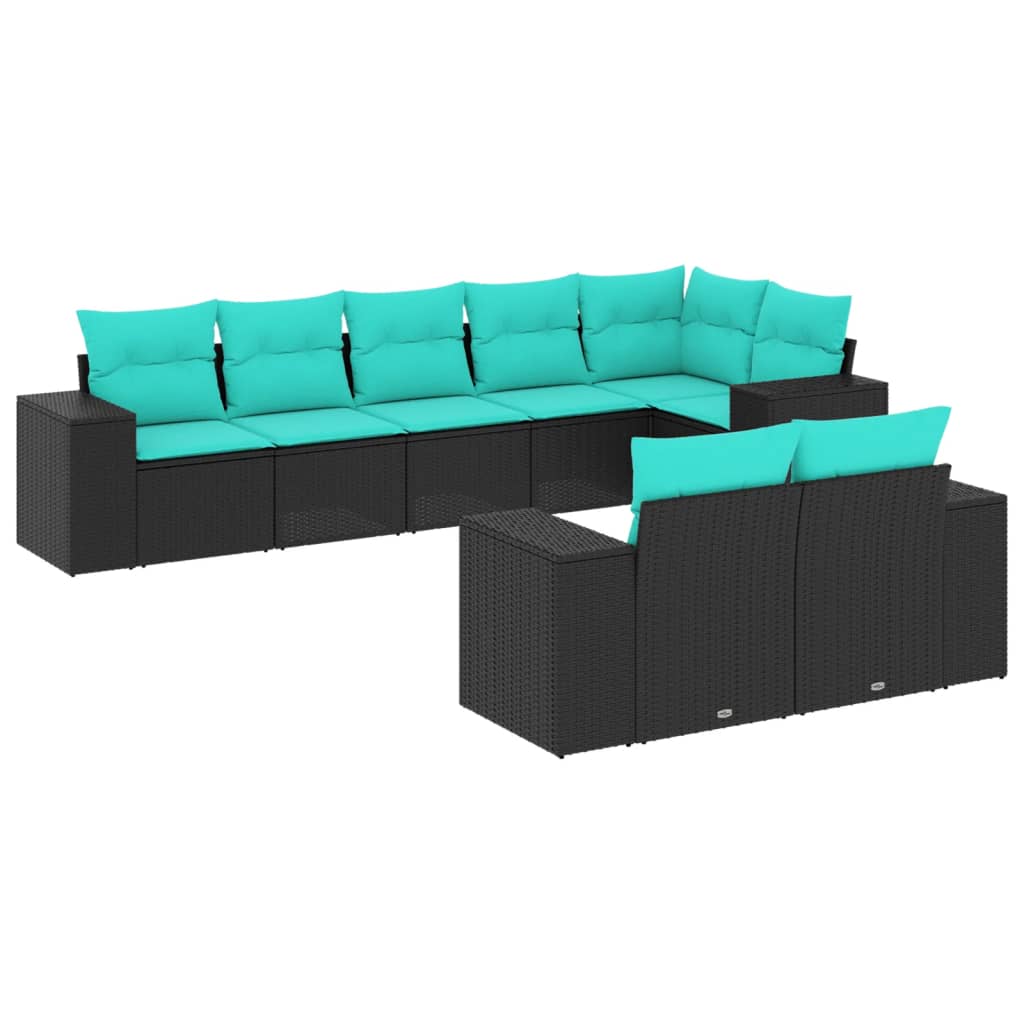 Salon de jardin 8 pcs avec coussins noir résine tressée
