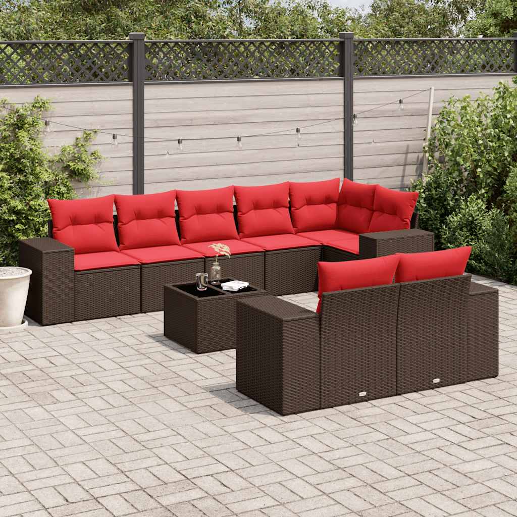 Ensemble de canapé de jardin 9 pcs avec coussins marron résine tressée