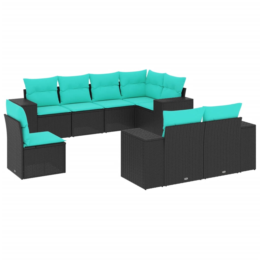 Salon de jardin 8 pcs avec coussins noir résine tressée