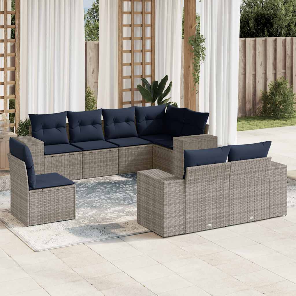 Ensemble de canapé de jardin 8 pcs avec coussins gris résine tressée