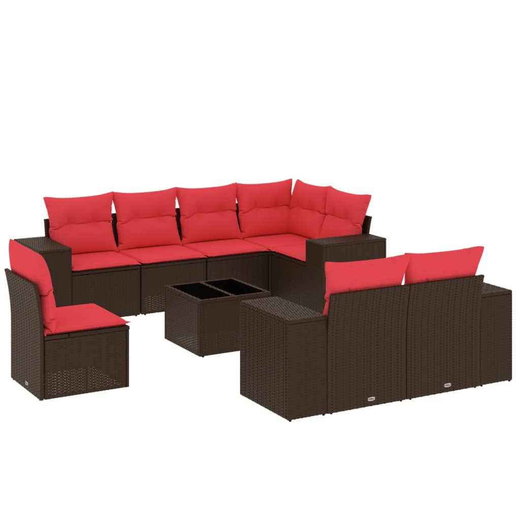 Ensemble de canapé de jardin 9 pcs avec coussins marron résine tressée