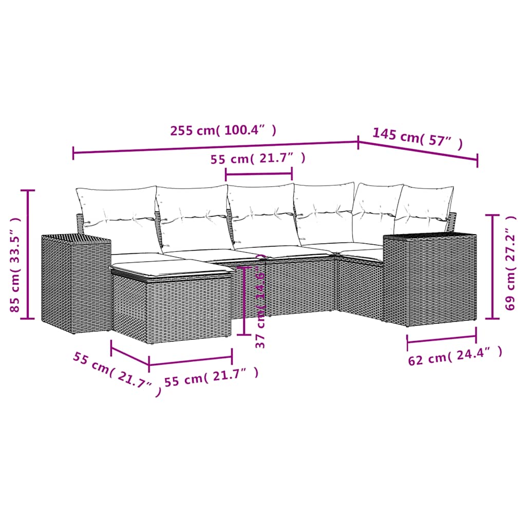 Ensemble de canapé de jardin 6 pcs avec coussins marron résine tressée