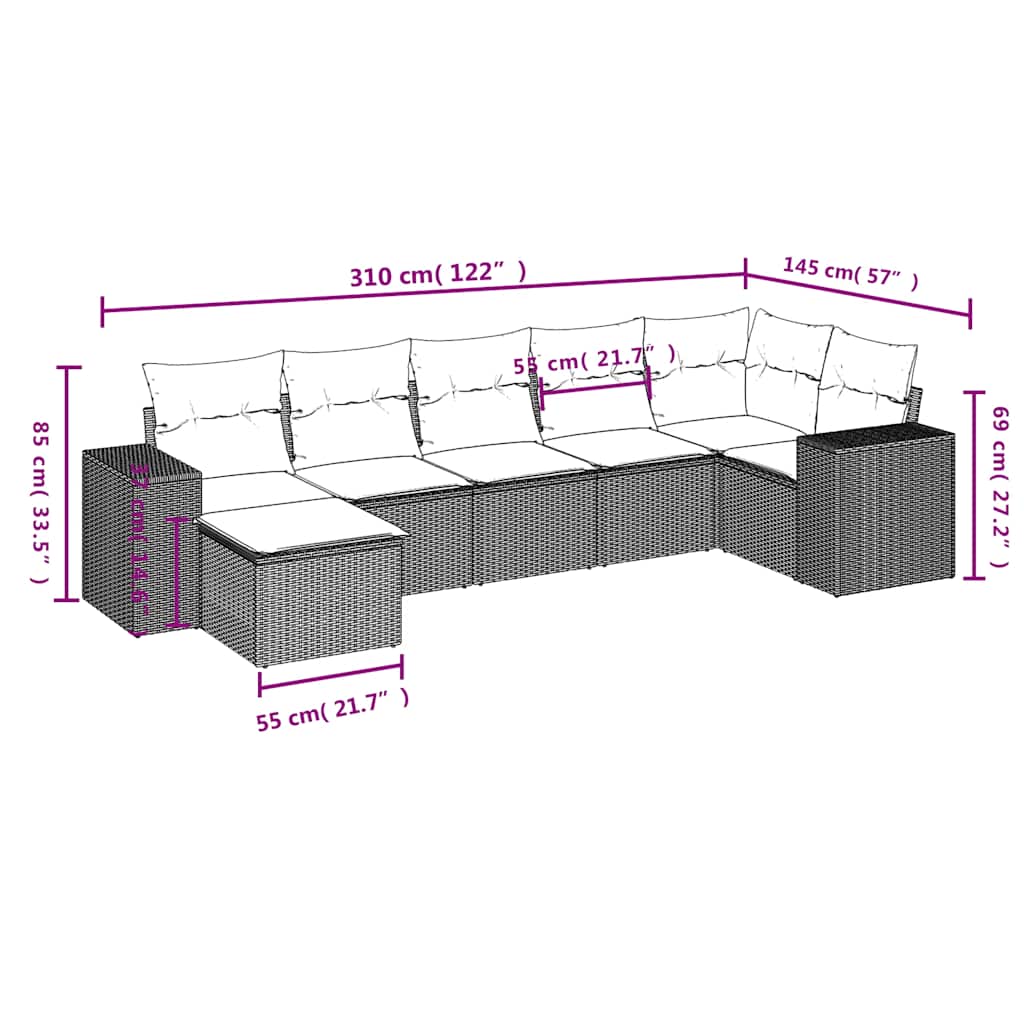 Ensemble de canapé de jardin 7 pcs avec coussins gris résine tressée
