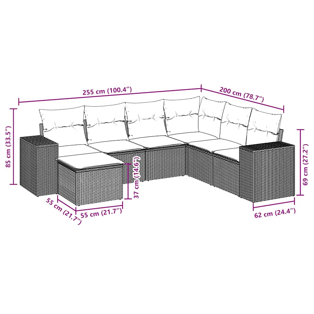 Ensemble de canapé de jardin 7 pcs avec coussins marron résine tressée