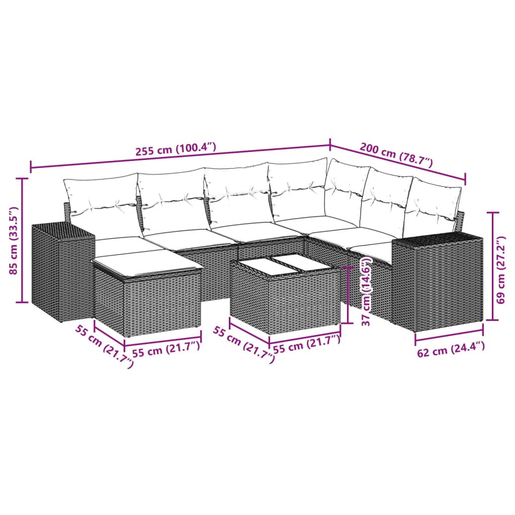 Ensemble de canapé de jardin 8 pcs avec coussins noir résine tressée