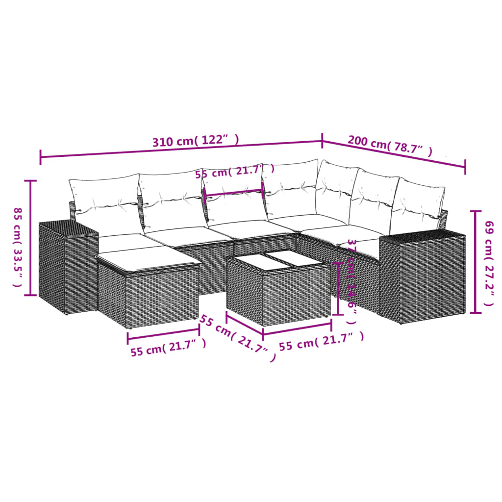 Ensemble de canapé de jardin 8 pcs avec coussins marron résine tressée