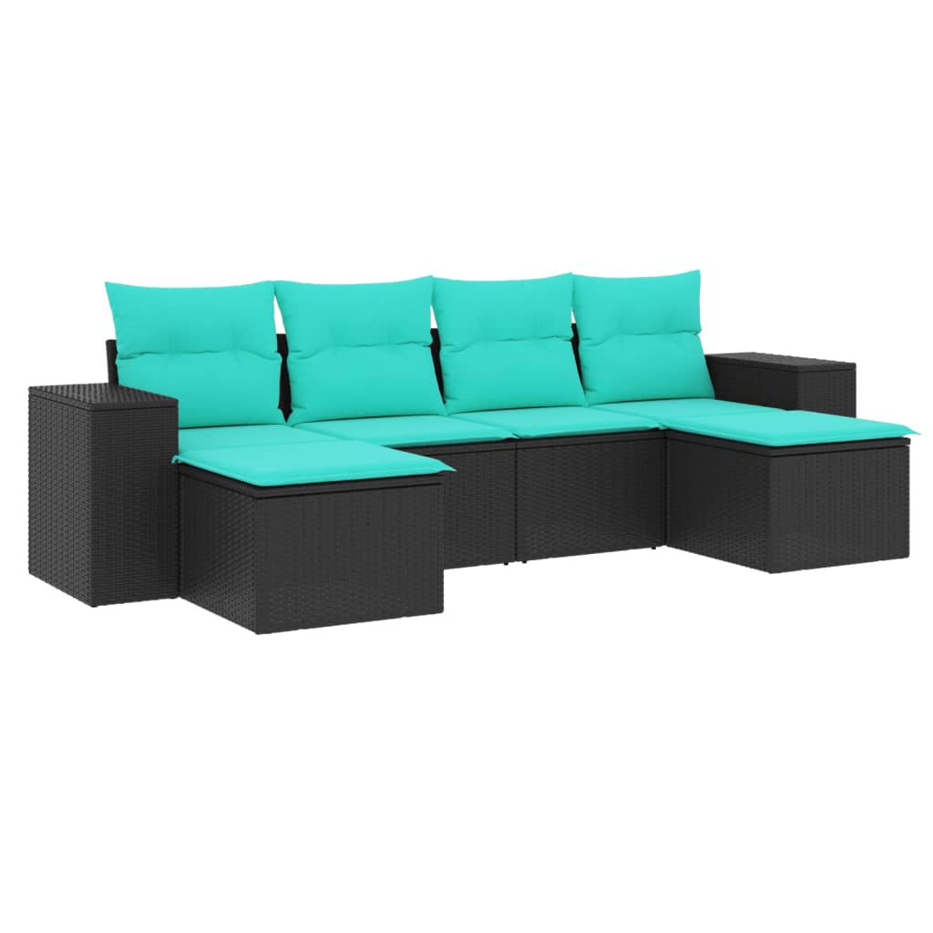 Salon de jardin 6 pcs avec coussins noir résine tressée