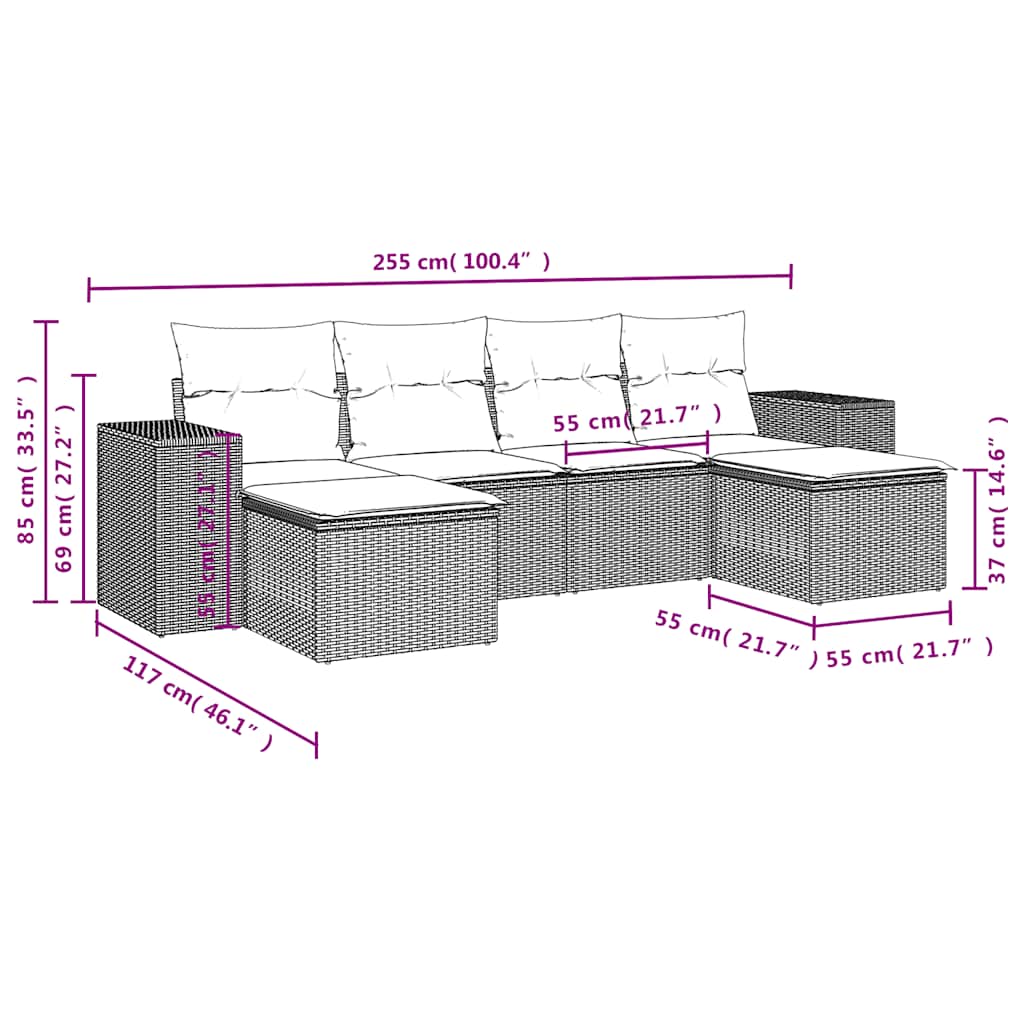 Ensemble de canapé de jardin 6 pcs avec coussins marron résine tressée