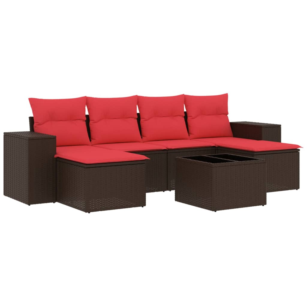 Ensemble de canapé de jardin 7 pcs avec coussins marron résine tressée