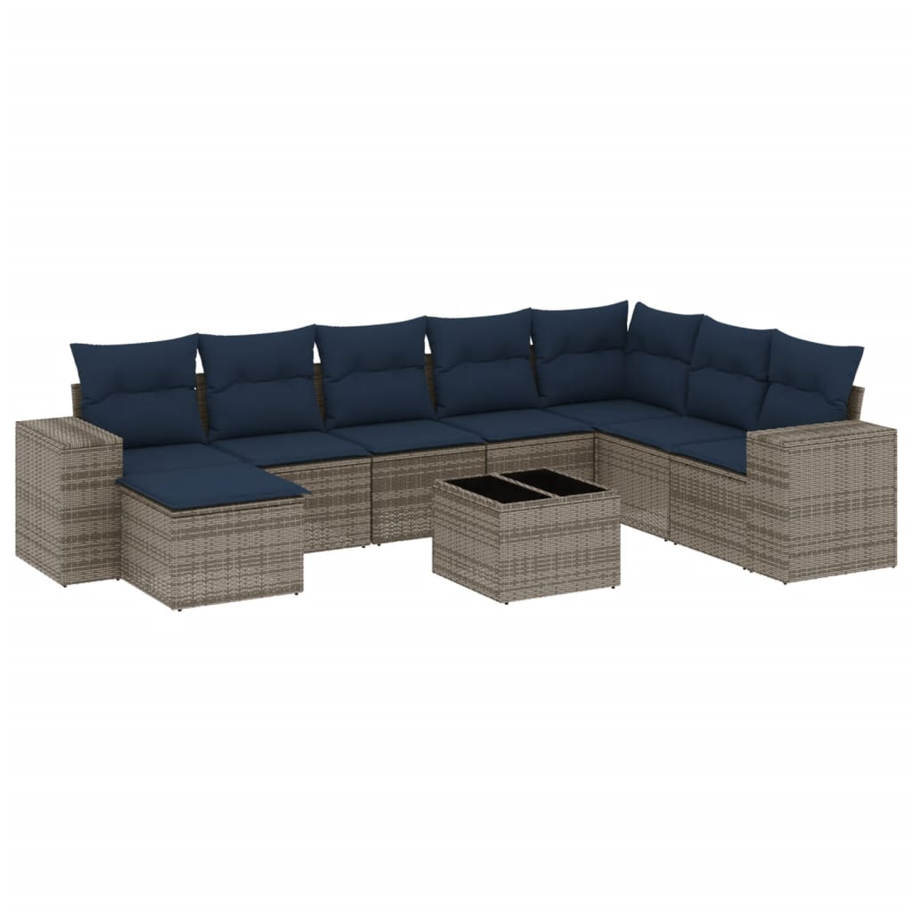 Ensemble de canapé de jardin 9 pcs avec coussins gris résine tressée