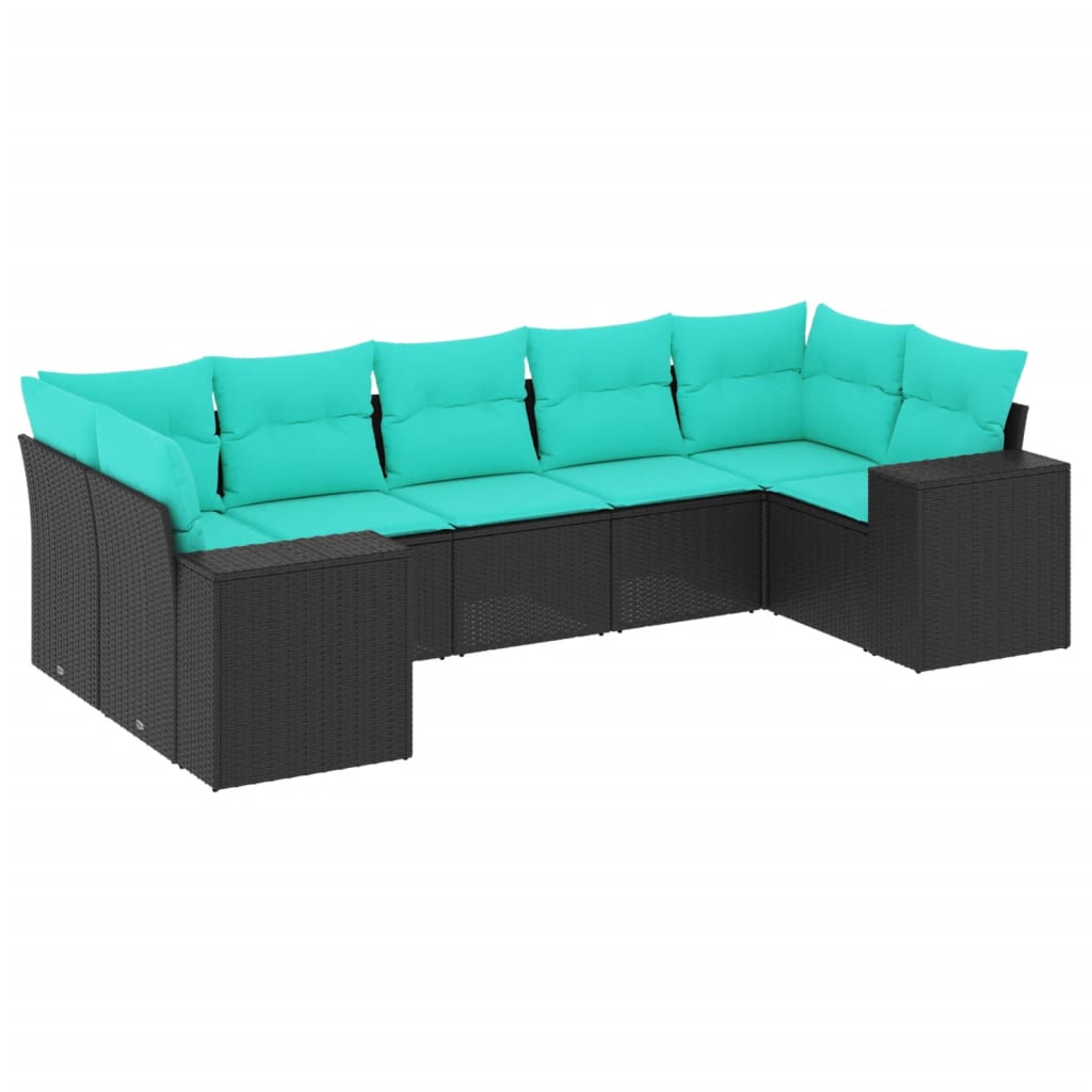 Salon de jardin 7 pcs avec coussins noir résine tressée