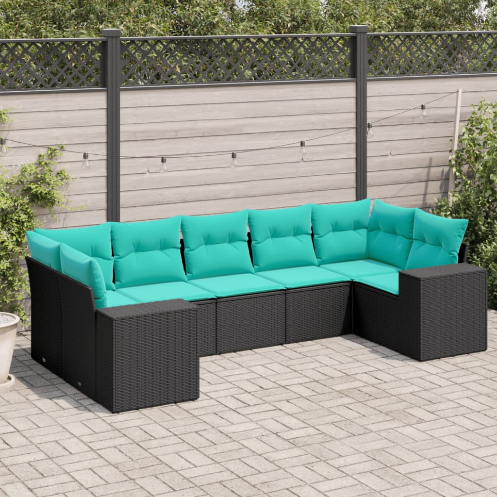 Salon de jardin 7 pcs avec coussins noir résine tressée