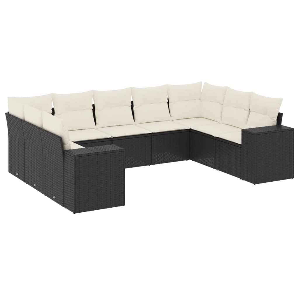 Salon de jardin 9 pcs avec coussins noir résine tressée