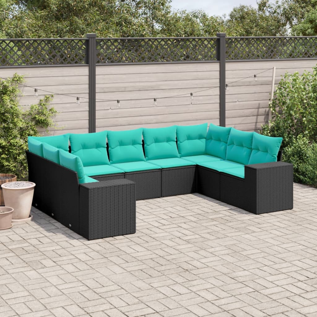 Salon de jardin 9 pcs avec coussins noir résine tressée