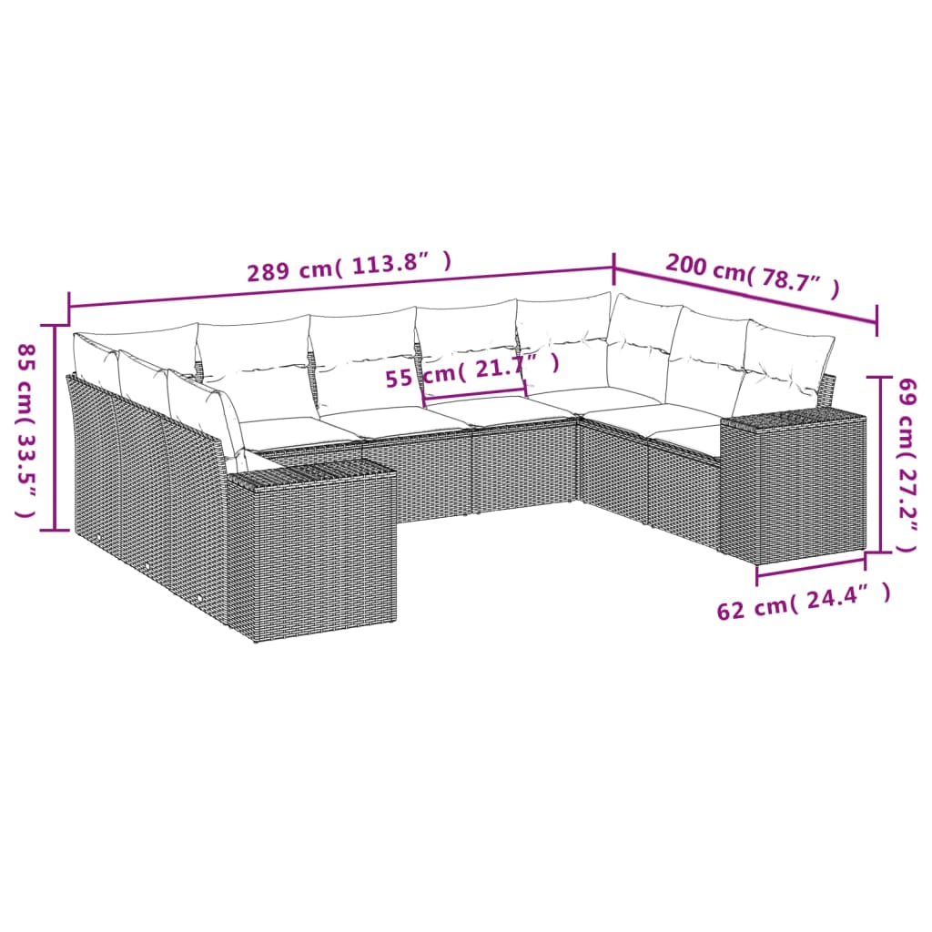Ensemble de canapé de jardin 9 pcs avec coussins gris résine tressée