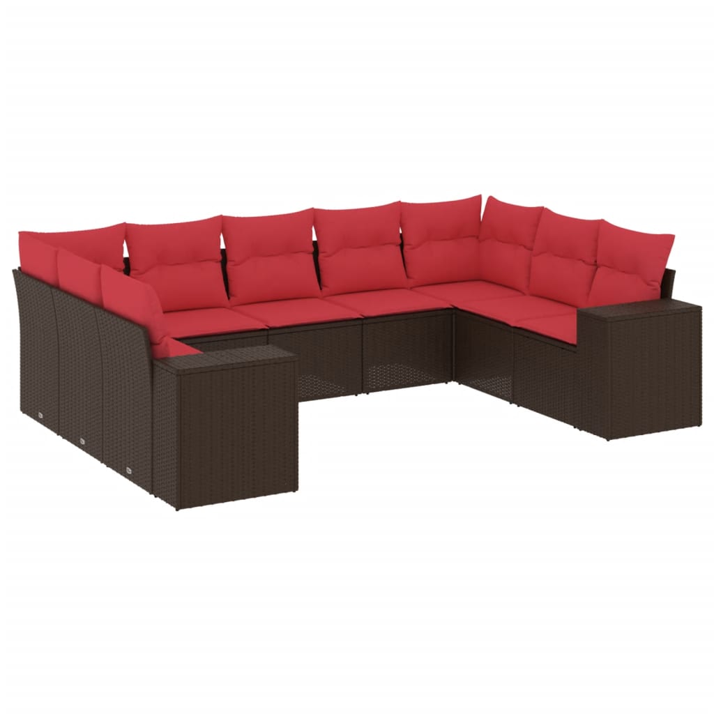 Ensemble de canapé de jardin 9 pcs avec coussins marron résine tressée