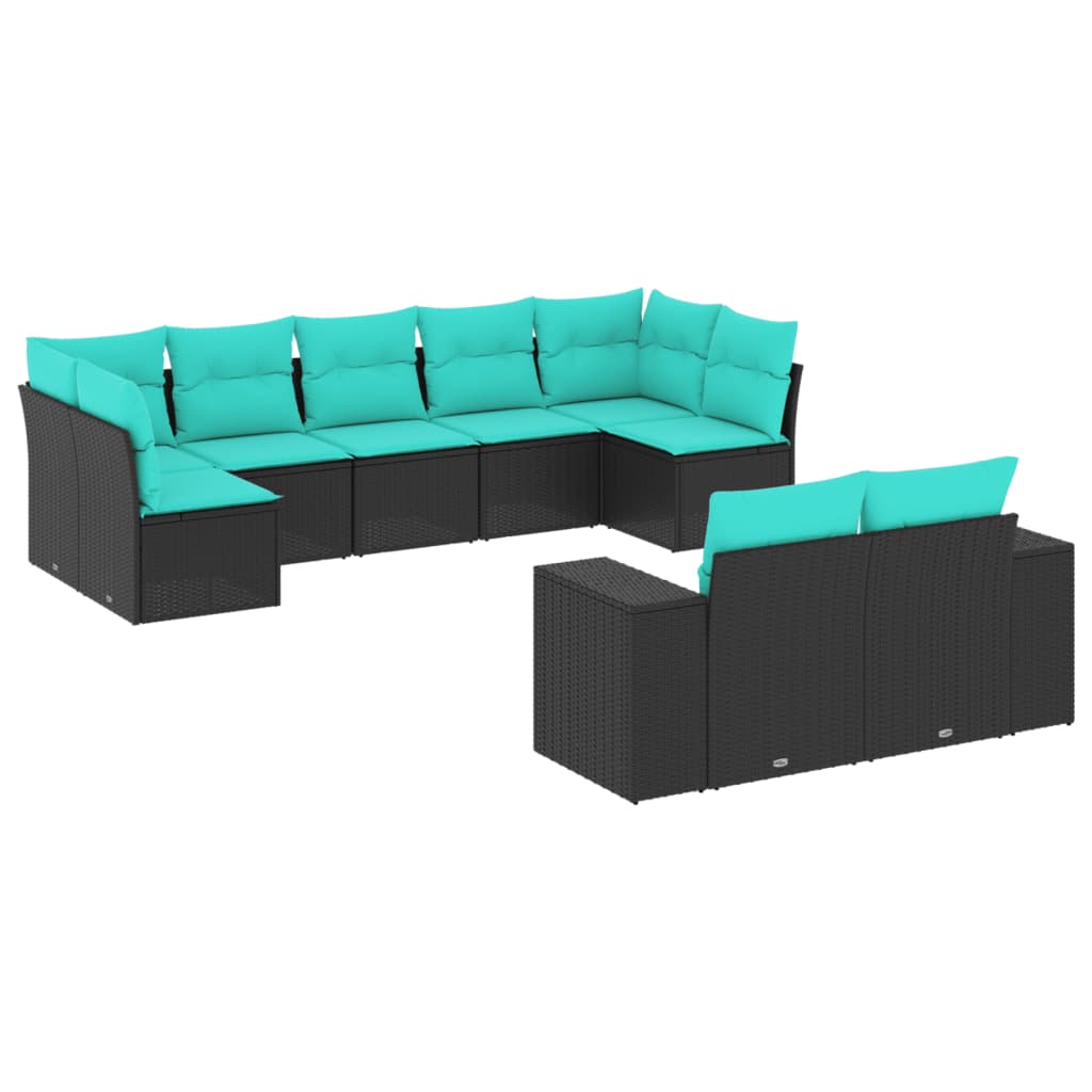Salon de jardin 9 pcs avec coussins noir résine tressée