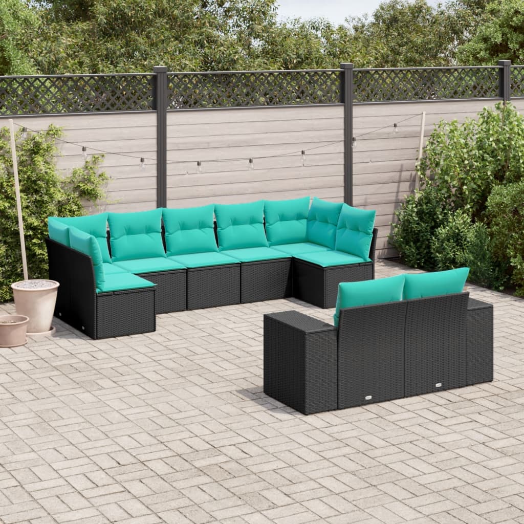 Salon de jardin 9 pcs avec coussins noir résine tressée