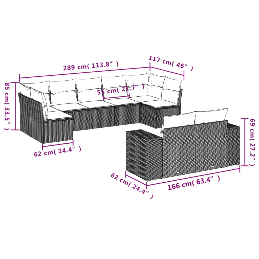 Ensemble de canapé de jardin 9 pcs avec coussins gris résine tressée