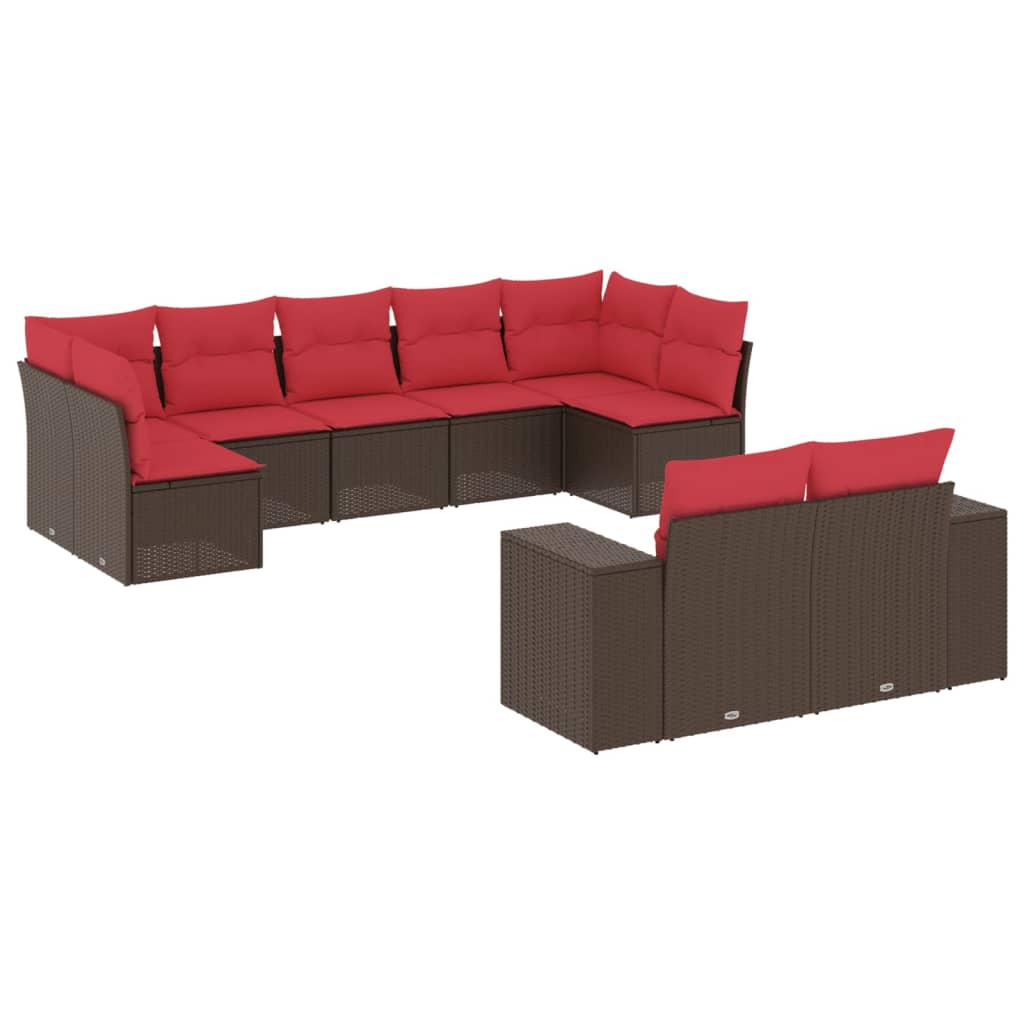 Ensemble de canapé de jardin 9 pcs avec coussins marron résine tressée