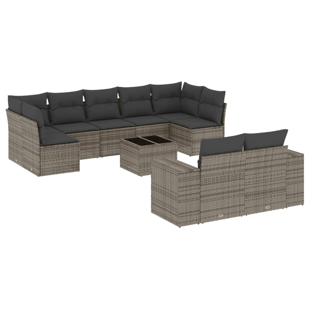 Salon de jardin avec coussins 10 pcs gris résine tressée