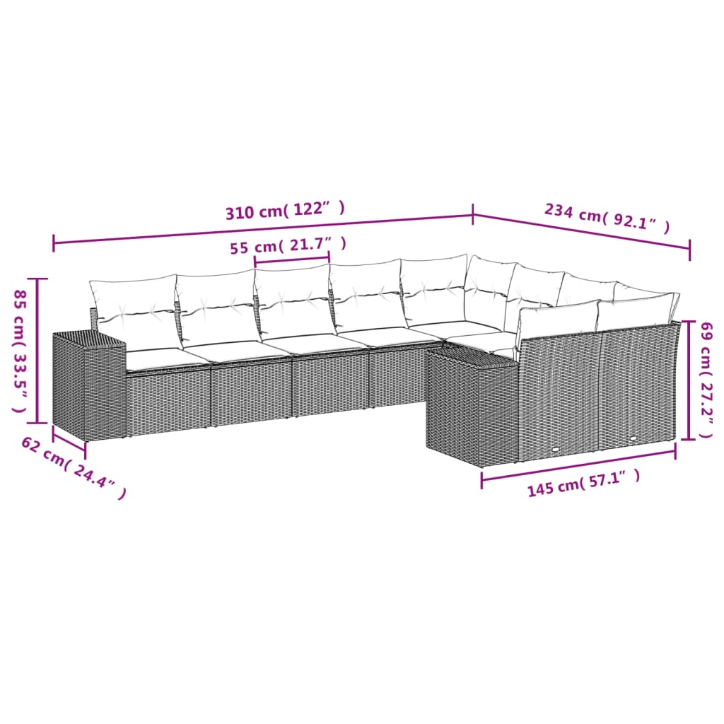 Ensemble de canapé de jardin 9 pcs avec coussins marron résine tressée