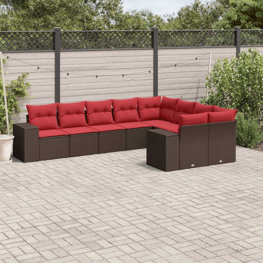 Ensemble de canapé de jardin 9 pcs avec coussins marron résine tressée
