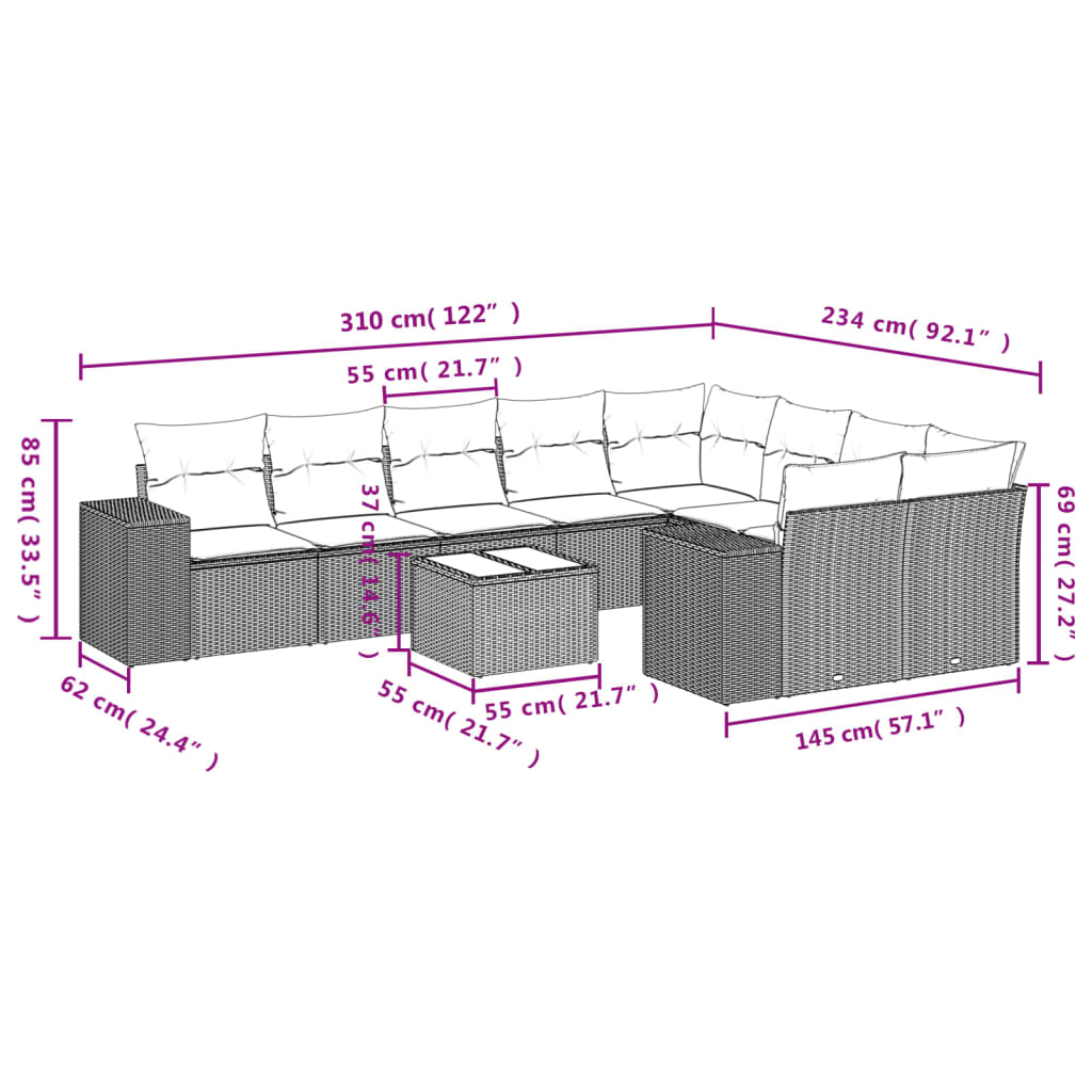Ensemble de canapé de jardin 10 pcs avec coussins gris résine tressée