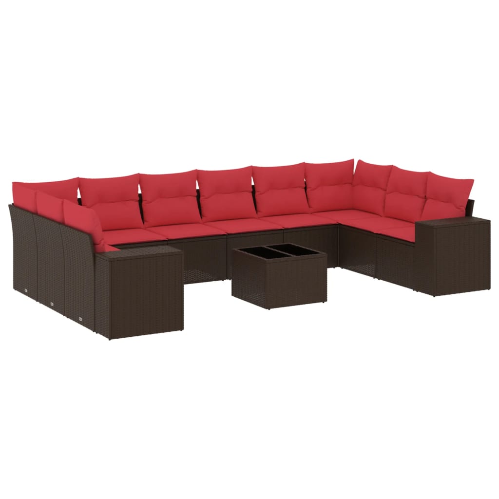 Ensemble de canapé de jardin 11 pcs avec coussins marron résine tressée